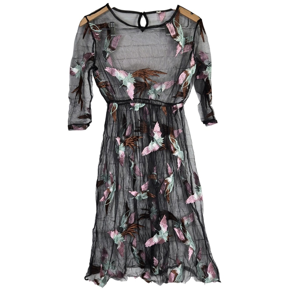 Sheer Black Embroidered Bird Midi Dress Women's Mesh‎ Long Sleeve Keyhole Button